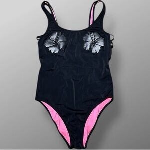 PINK Victoria's Secret Black Hibiscus One Piece Swimsuit Strappy Side Small